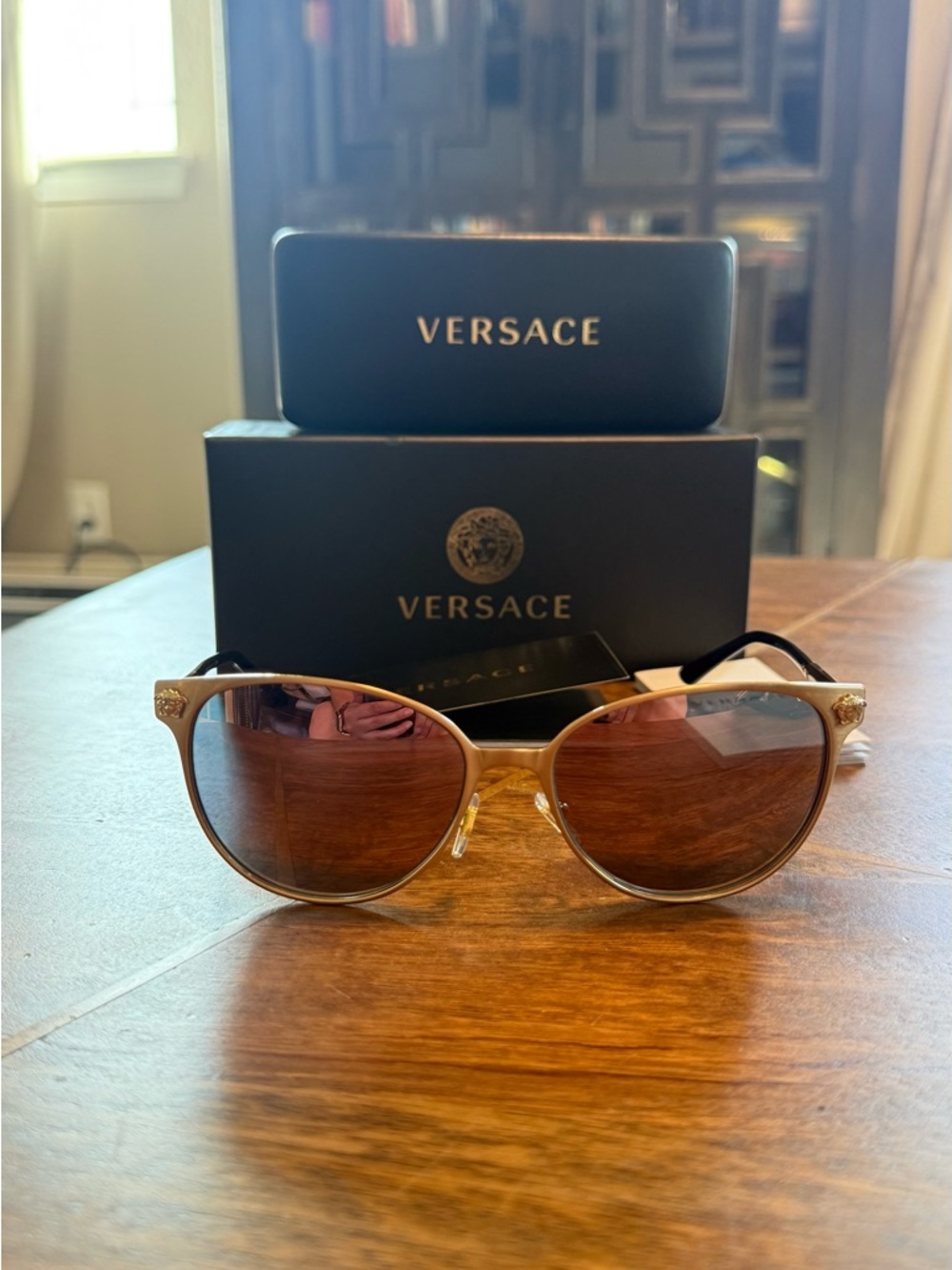 Versace Cat-Eye Sunglasses in Rose Gold with Pink Mirrored Lenses - Picture 3 of 13